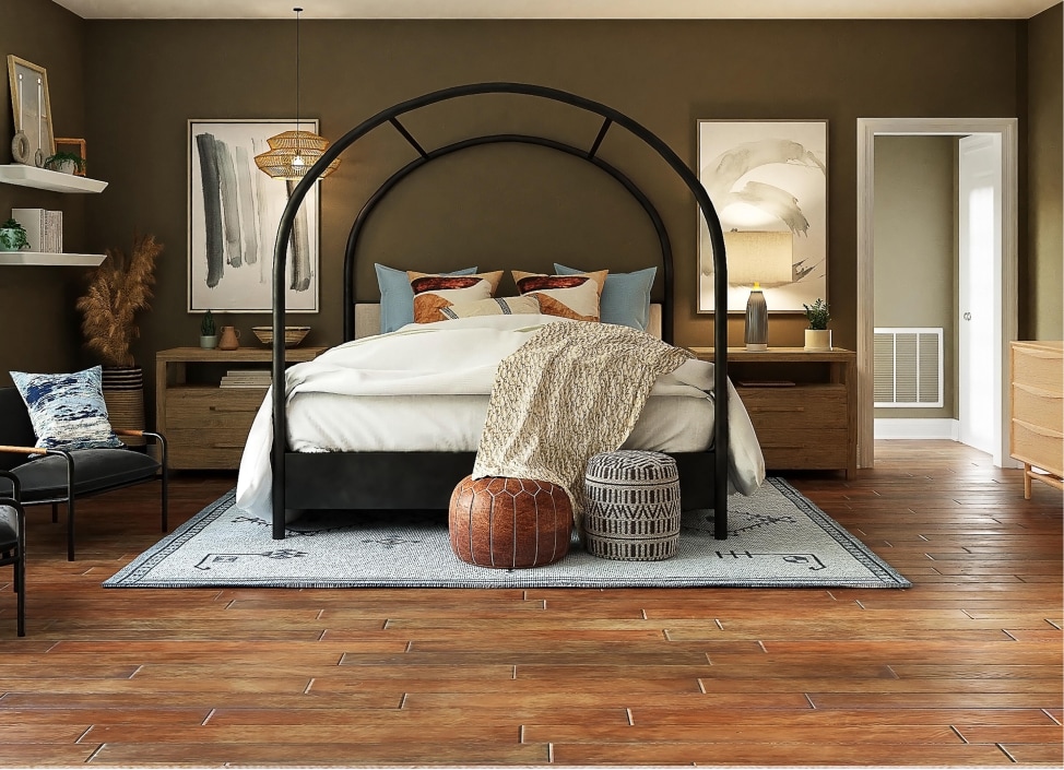 Modern mountain bedroom interior featuring a stylish black canopy bed, cozy textiles, and natural wood accents, reflecting a clean and inviting design suitable for Summit County homes.