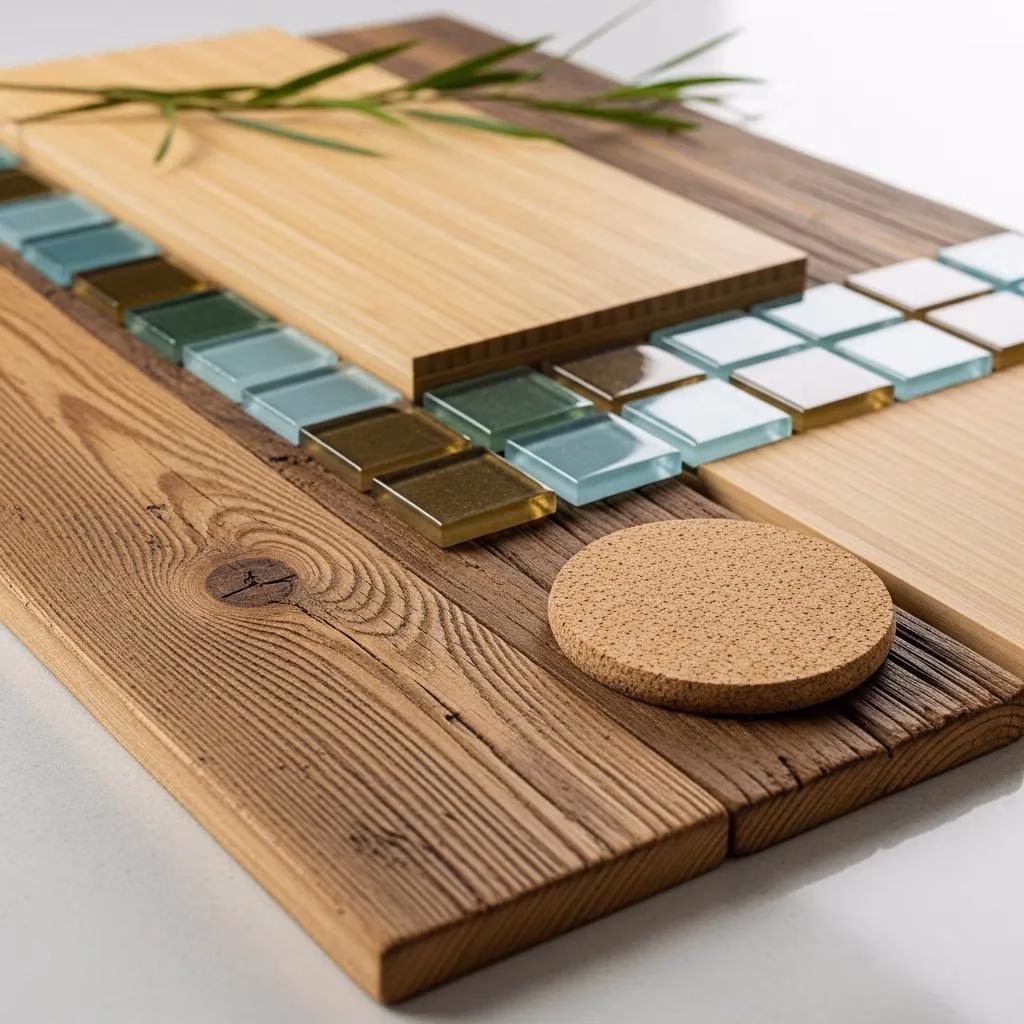 Close-up of sustainable materials like reclaimed wood and bamboo for kitchen renovations