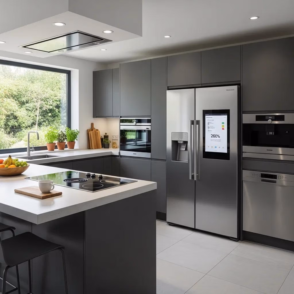 Modern kitchen with energy-saving appliances like a smart refrigerator and induction cooktop
