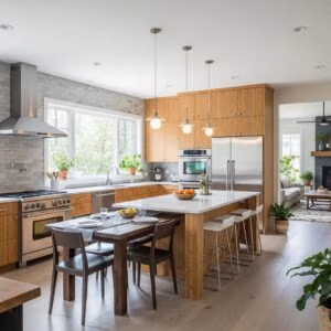 Open concept kitchen with natural materials and modern design in a bright, inviting space